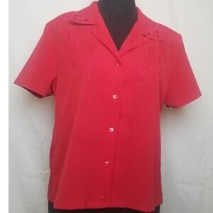 VTG-Alison Daley Red Button up Floral Embroidered Cut Out Short Sleeves Size 10